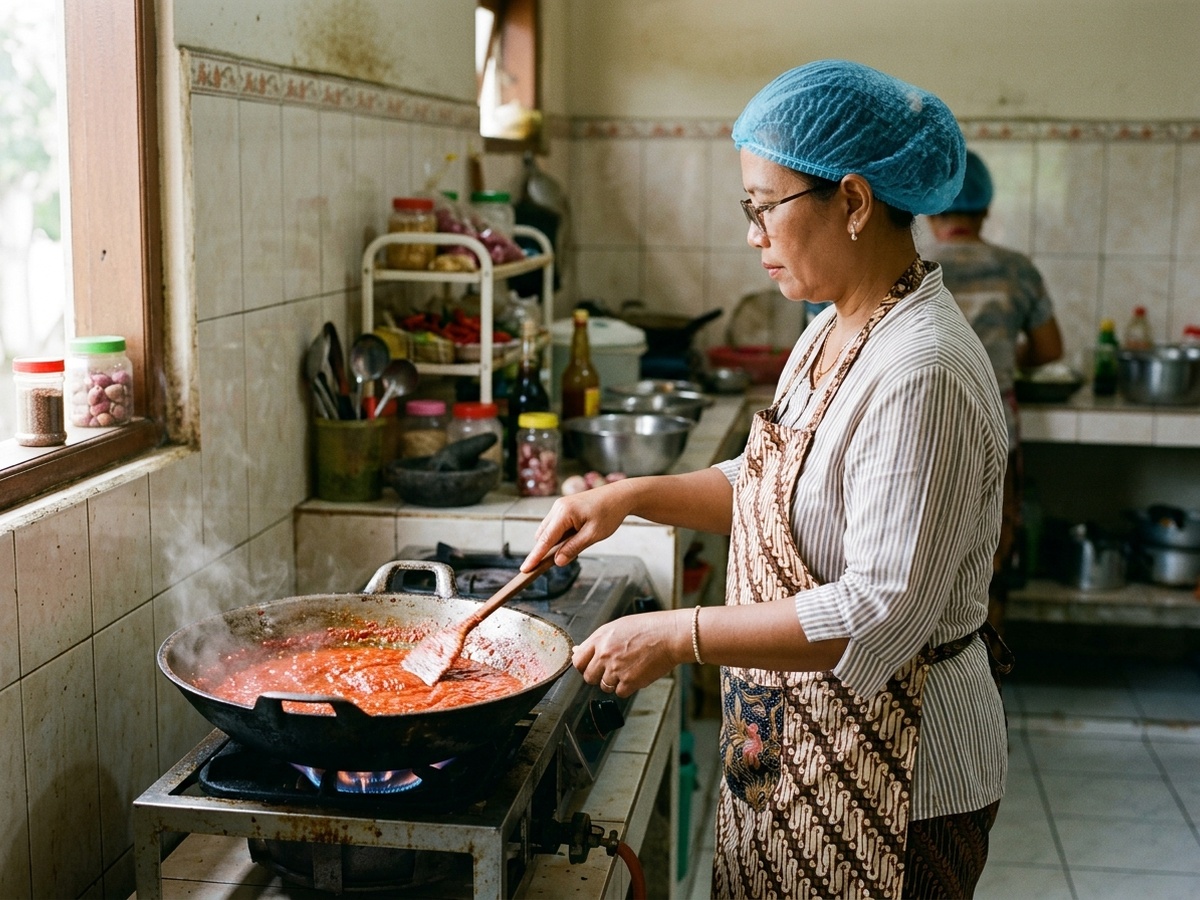 Juru masak bercelemek dan penutup rambut mengaduk sambal di wajan besar