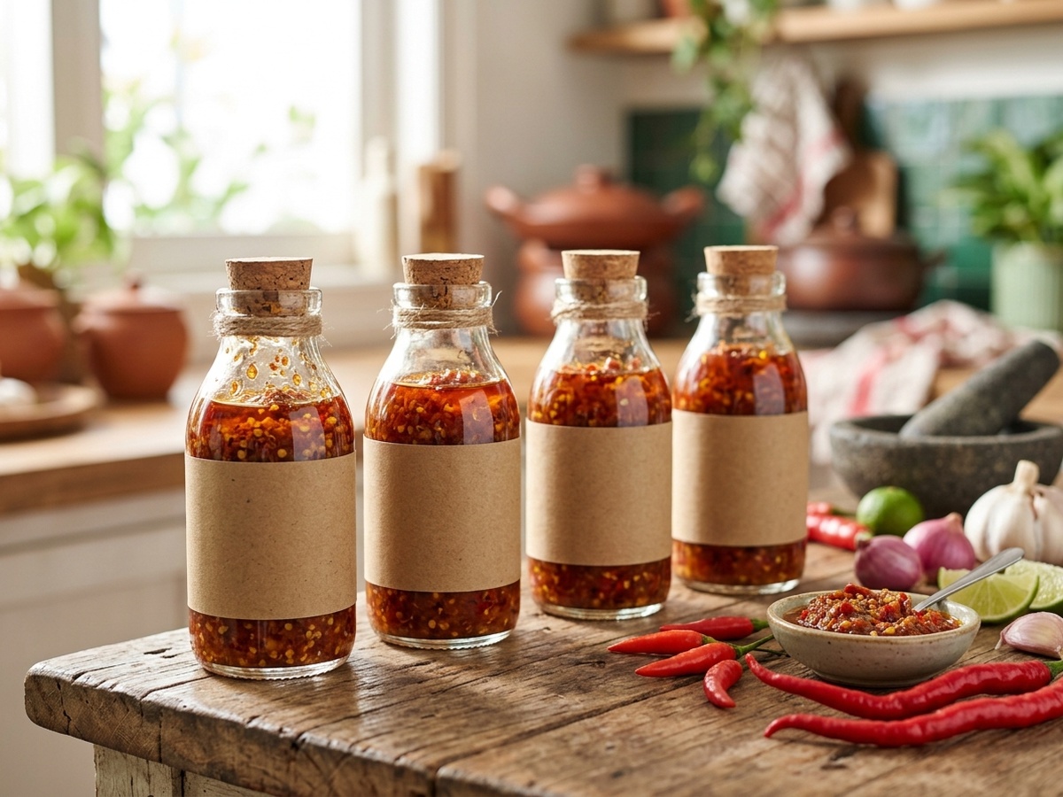 Empat botol Sambal Rawuh tertata rapi di atas meja kayu
